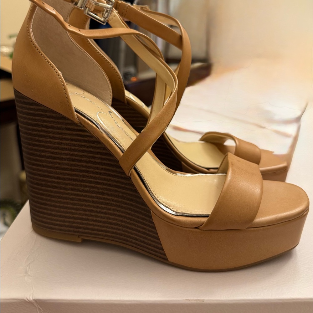 Jessica Simpson Tan and Brown Wedge Sandals